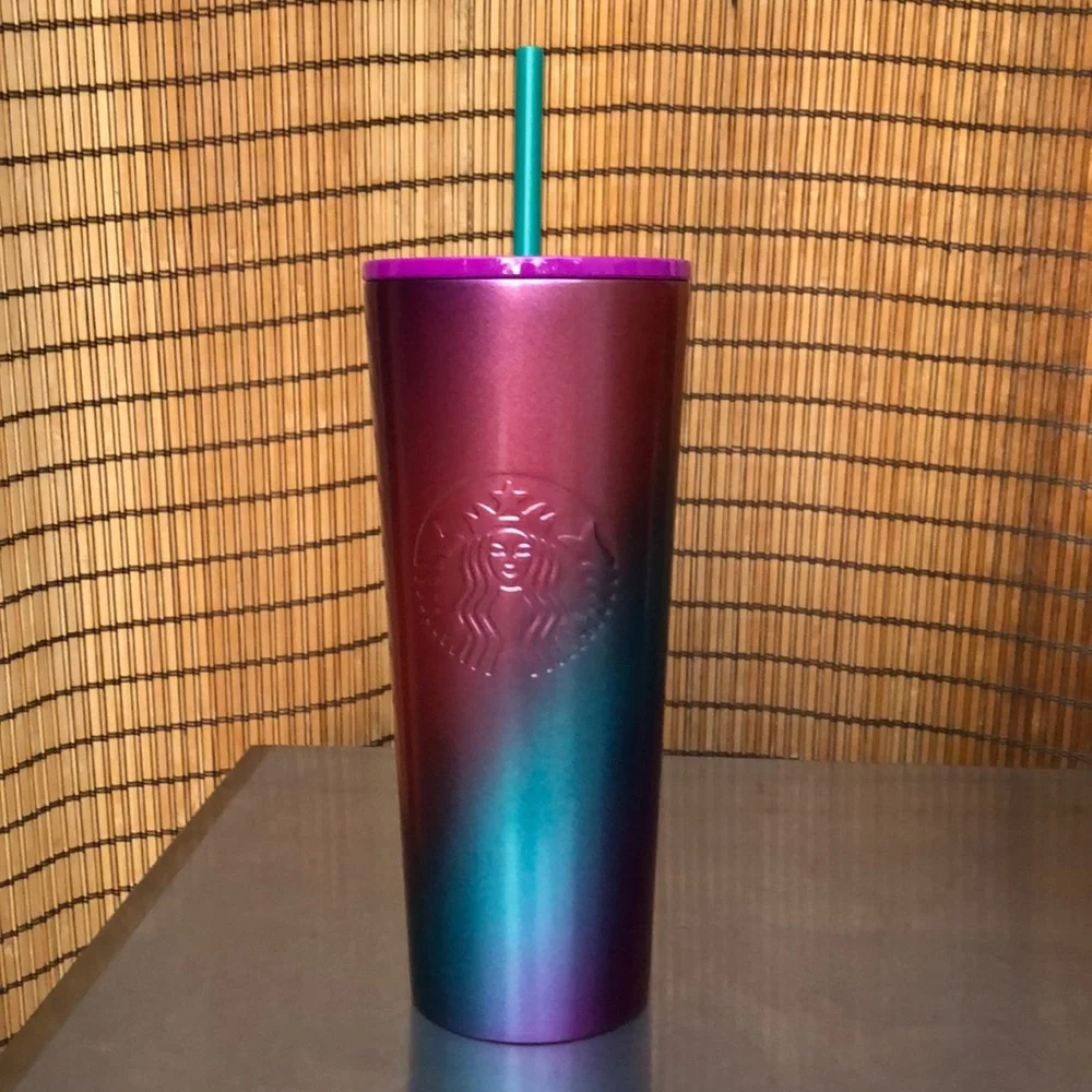 NEW STARBUCKS Steel Ombre Rainbow Swirl Design Collectors Venti 24oz Cold Cup - Picture 1 of 9